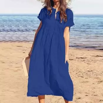 Женское хлопковое льняное платье макси, повседневное, с коротким рукавом, V-образным вырезом, сарафан, свободное, пляжное, плиссированное, длинное платье для летнего отпуска M королевский синий