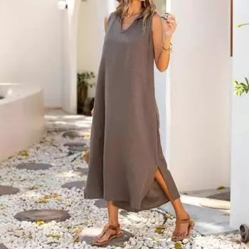 Женское хлопковое льняное платье макси, повседневное платье без рукавов с V-образным вырезом, свободное летнее пляжное длинное платье-сарафан с разрезом S армия зеленый
