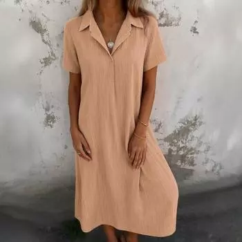 Женское хлопковое льняное платье миди с V-образным вырезом и коротким рукавом, свободное платье-трапеция, струящийся сарафан, летние пляжные наряды S светло-зеленый