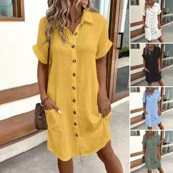 Женское хлопковое льняное платье, повседневное платье на пуговицах с V-образным вырезом и карманами, летний пляжный сарафан с коротким рукавом S