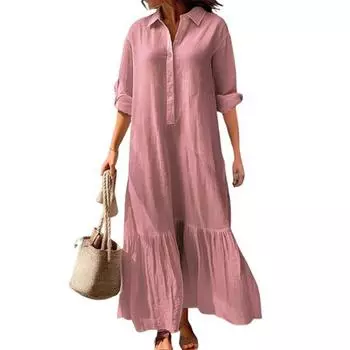 Женское хлопковое льняное платье-рубашка с длинным рукавом и V-образным вырезом на пуговицах, повседневное струящееся длинное платье больших размеров S розовый