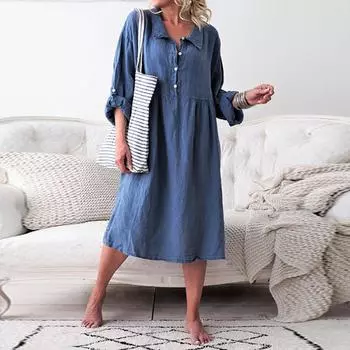Женское хлопковое льняное платье с длинными рукавами и пуговицами, средние и длинные пуговицы S синий
