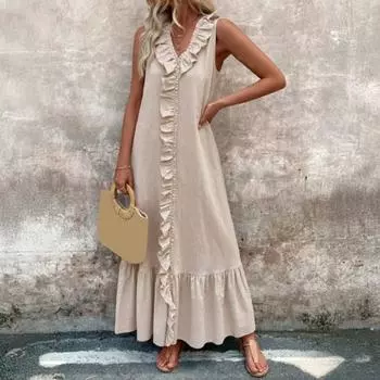 Женское хлопковое льняное платье с оборками, повседневное платье-туника без рукавов с V-образным вырезом, летнее пляжное свободное длинное платье S чёрный