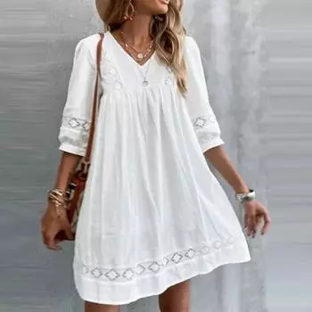 Женское хлопковое льняное платье в стиле бохо с V-образным вырезом, летнее кружевное праздничное пляжное платье-рубашка L белый