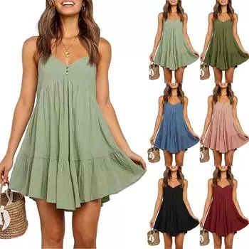 Женское хлопковое льняное платье в стиле ретро без рукавов с v-образным вырезом, цветное свободное платье M чёрный