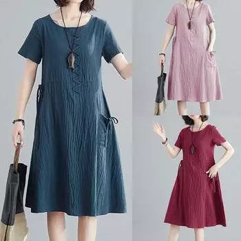 Женское хлопковое льняное повседневное свободное длинное платье с короткими рукавами