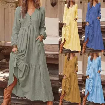 Женское хлопковое льняное винтажное повседневное платье на пуговицах с длинными рукавами XXXL серый