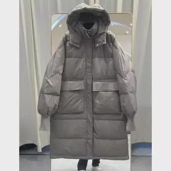Женское хлопковое пальто длиной до колена из толстого белого утиного пуха с капюшоном 2024 года - зимняя мода в корейском стиле