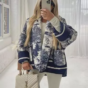 Женское хлопковое пальто с принтом и двойными карманами - Европейская и Американская мода Осень/Зима 2023 Large