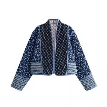 Женское хлопковое пальто с принтом в стиле пэчворк, повседневная парка с длинным рукавом, толстая теплая стеганая куртка 2023 года, осенне-зимнее женское уличное пальто S синий