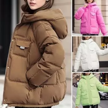 Женское хлопковое пальто с утолщенной подкладкой и множеством карманов, однотонное теплое пальто с капюшоном и застежкой-молнией с длинными рукавами, ветрозащитное, удерживает тепло M белый