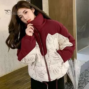 Женское хлопковое пальто с утолщенным воротником-стойкой, лоскутным принтом, карманами, застежкой-молнией, средней длины, ветрозащитное, сохраняющее тепло, верхняя одежда для холодной погоды M зелёный