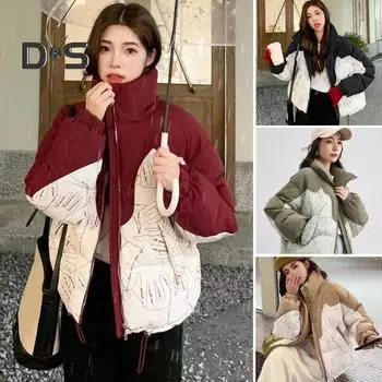 Женское хлопковое пальто с утолщенным воротником-стойкой, лоскутным принтом, карманами, застежкой-молнией, средней длины, ветрозащитное, сохраняющее тепло, верхняя одежда для холодной погоды M вино красного