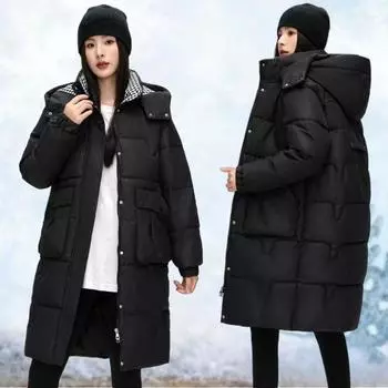 Женское хлопковое пальто свободного кроя с капюшоном, утолщенное длинное пальто длиной до колена S чёрный
