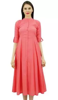 Женское хлопковое платье Bimba с закатанными рукавами и воротником-стойкой, рубашка до середины икры на пуговицах 10 персиковый