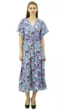 Женское хлопковое платье-кафтан Phagun с цветочным принтом Midi Caftan Nightwear Coverup Gown 10 фиолетовый