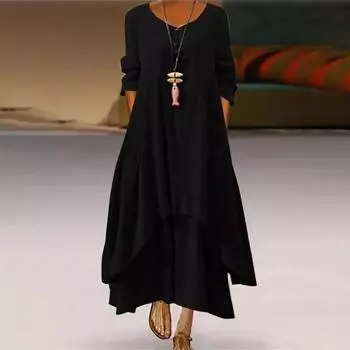 Женское хлопковое свободное платье-рубашка с пуговицами, повседневные свободные платья макси L чёрный