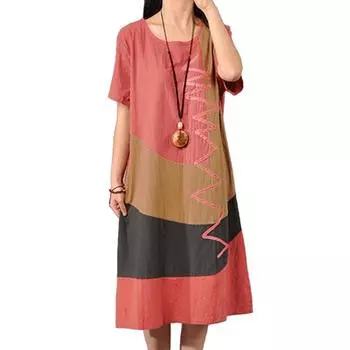 Женское хлопковое винтажное платье с контрастным круглым вырезом и короткими рукавами, повседневное свободное платье длиной до середины икры XXXXXL арбуз красный