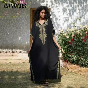 Женское хлопковое вышитое пляжное платье больших размеров, вышитая праздничная рубашка от солнца, бикини-накидка One Size чёрный