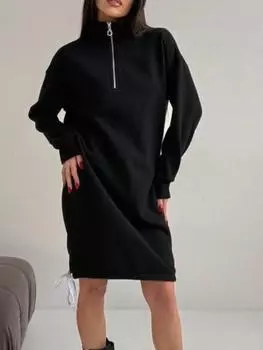 Женское худи-платье с длинным рукавом и молнией до середины груди, цвета: розовый, бежевый, светло-зеленый, черный и молочно-белый. S