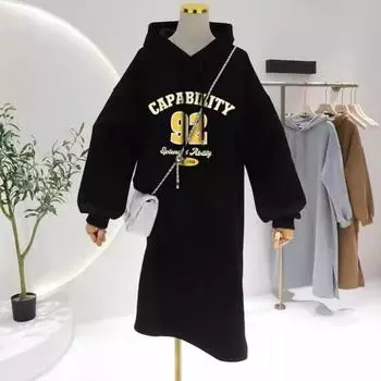 Женское худи с капюшоном большого размера свободное толстое теплое платье средней длины One Size