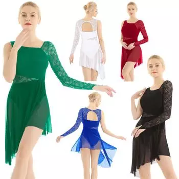 Женское и взрослое платье с длинным рукавом и кружевным лифом, асимметричное трико для лирического современного балета XS бордовый