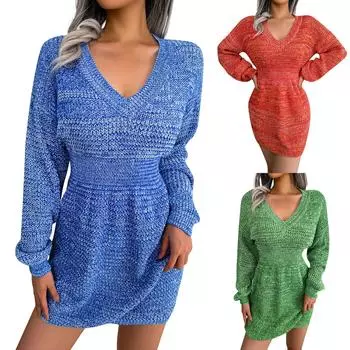 Женское и зимнее платье-свитер с цветными рукавами и талией L зелёный