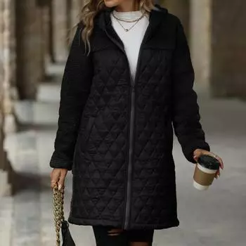 Женское и зимнее свободное плюшевое пальто с капюшоном на молнии L чёрный