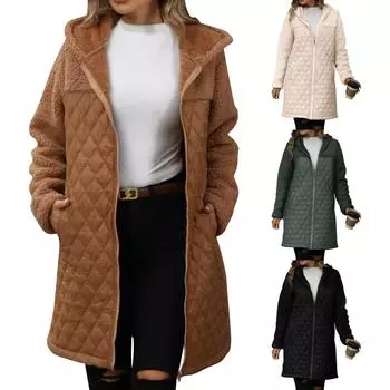 Женское и зимнее свободное плюшевое пальто с капюшоном на молнии L армия зеленый