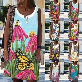 Женское искусственное платье из двух частей, повседневное свободное платье с круглым вырезом и цветочным принтом S
