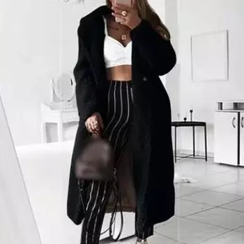 Женское искусственное плюшевое пальто, женское осенне-зимнее повседневное длинное пальто больших размеров, толстая теплая верхняя одежда, куртка оверсайз S чёрный