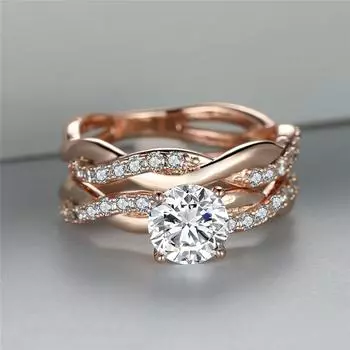 Женское изысканное кольцо цвета розового золота с поворотом круглой огранки из белого камня с цирконием CZ, комплект свадебных обручальных колец, обручальное кольцо, подарок на годовщину, размер 5-13 5 белый