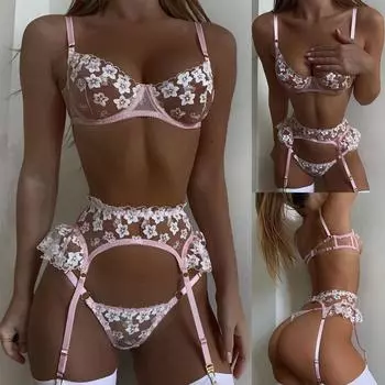 Женское изысканное сетчатое нижнее белье, бюстгальтер + подвязки + трусы, комплект одежды для сна Babydoll с вырезами M