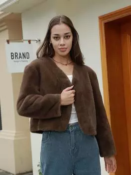 Женское качественное осенне-зимнее теплое пальто из норки и искусственного меха M темно-коричневого