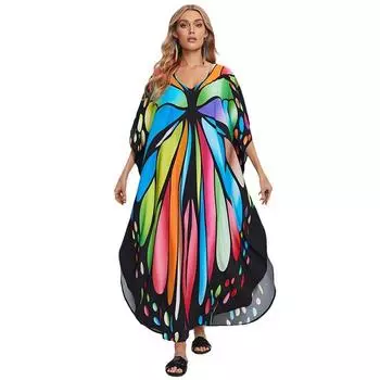 Женское кафтан с длинным рукавом и красочным принтом, пляжное платье большого размера, домашний халат, уютные платья макси для отдыха в богемном стиле one size