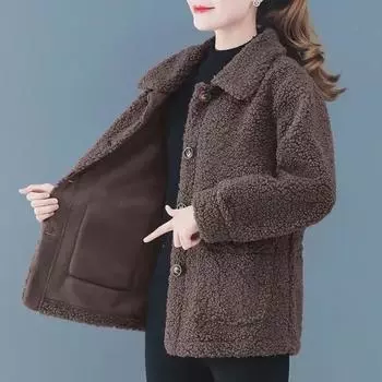 Женское кардиганное пальто из овчины и гранулированного флиса - укороченный стиль осень/зима для женщин среднего возраста 4XL хаки