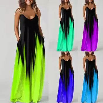 Женское карманное платье с принтом, пляжные вечеринки, жилет для вечеринки, супер длинное платье без рукавов One size чёрный