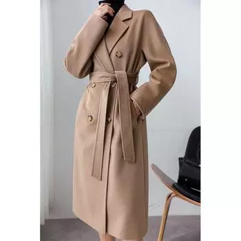 Женское кашемировое пальто цвета кэмел большого размера, длинное шерстяное пальто со шнуровкой в стиле Хепберн S