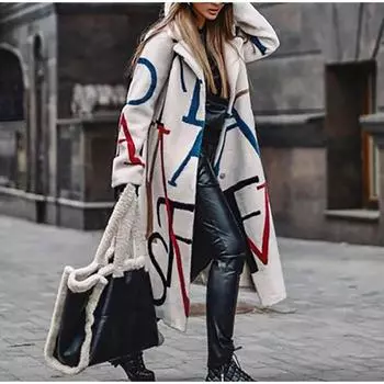 Женское кашемировое пальто с принтом букв, теплое зимнее женское пальто, свободное длинное пальто из полиэстера с отложным воротником, мягкое женское пальто L белый