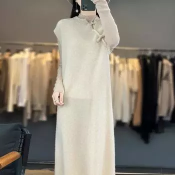 Женское кашемировое платье без рукавов Qinghe кашемир 70% шерсть 30% кашемир женское осенне-зимнее кашемировое платье мягкое и теплое L темно-коричневого