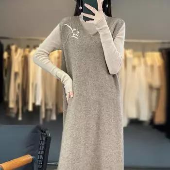 Женское кашемировое платье без рукавов Qinghe кашемир 70% шерсть 30% кашемир женское осенне-зимнее кашемировое платье мягкое и теплое L темно-коричневого