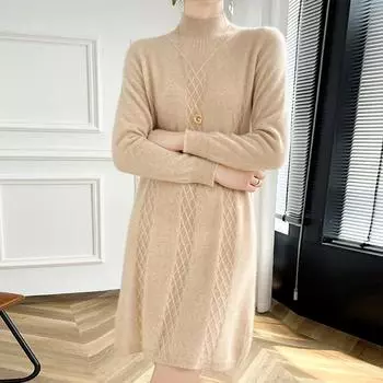 Женское кашемировое платье Qinghe кашемир 30% кашемир 70% шерсть осенне-зимняя кашемировая юбка мягкая и теплая L бежевый