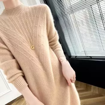 Женское кашемировое платье Qinghe кашемир 30% кашемир 70% шерсть осенне-зимняя кашемировая юбка мягкая и теплая L бежевый