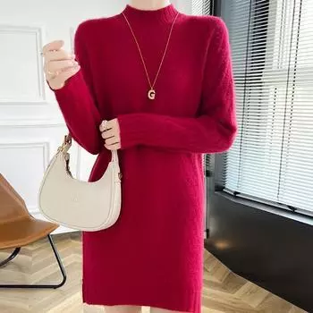 Женское кашемировое платье Qinghe кашемир 30% кашемир 70% шерсть осенне-зимняя кашемировая юбка мягкая и теплая L коричневый