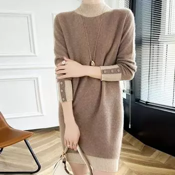 Женское кашемировое платье Qinghe кашемир 30% кашемир 70% шерсть осенне-зимняя кашемировая юбка мягкая и теплая L коричневый
