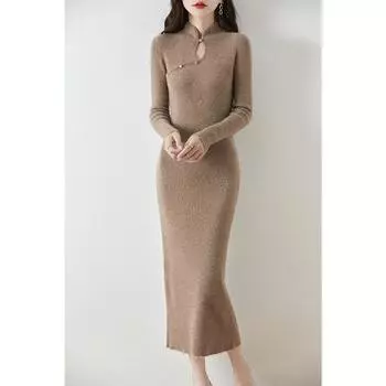 Женское кашемировое платье Qinghe кашемир 30% кашемир 70% шерсть осенне-зимняя кашемировая юбка мягкая и теплая L бежевый