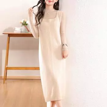 Женское кашемировое платье Qinghe кашемир 30% кашемир 70% шерсть осенне-зимняя кашемировая юбка мягкая и теплая L темно-коричневого