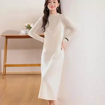 Женское кашемировое платье Qinghe кашемир 30% кашемир 70% шерсть осенне-зимняя кашемировая юбка мягкая и теплая L бежевый