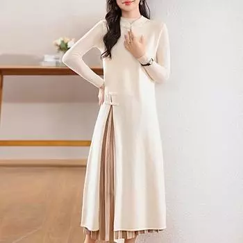 Женское кашемировое платье Qinghe кашемир 30% кашемир 70% шерсть осенне-зимняя кашемировая юбка мягкая и теплая L бежевый