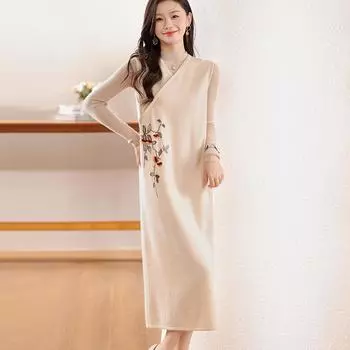 Женское кашемировое платье Qinghe кашемир 30% кашемир 70% шерсть осенне-зимняя кашемировая юбка мягкая и теплая L темно-коричневого